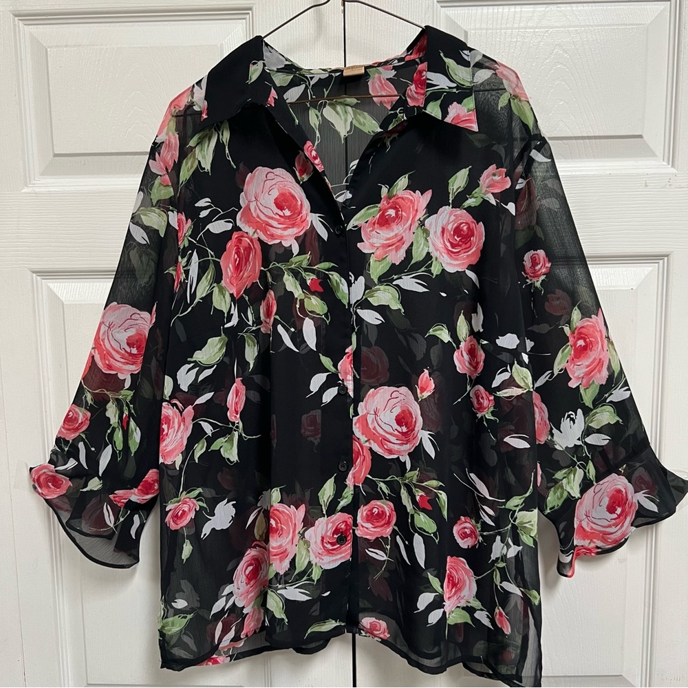 Notations Blouse Black with Pink Roses Long Sleeve Size 2X